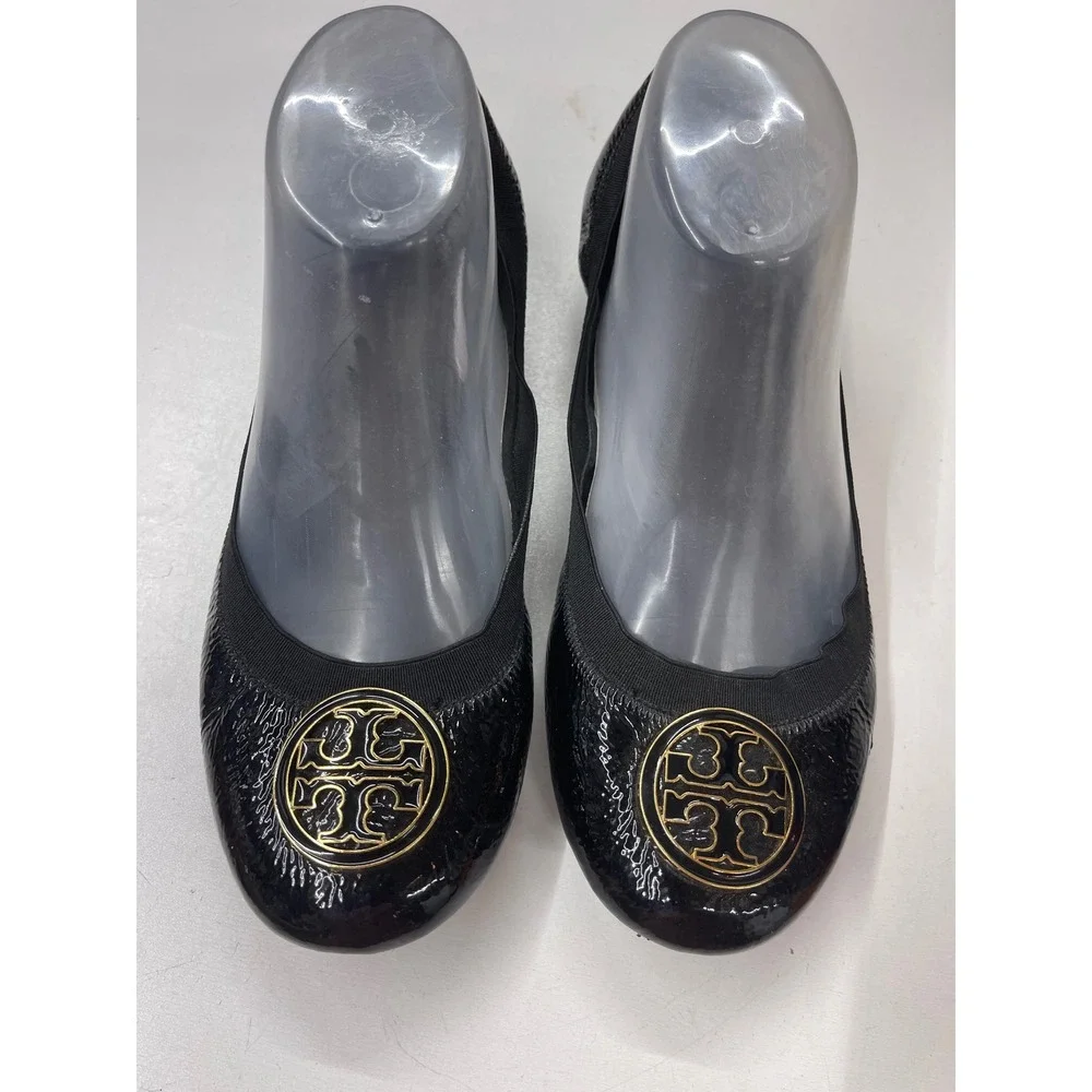 Tory Burch Reva Black Patent Leather Gold Logo Ballet Flats Size 10M